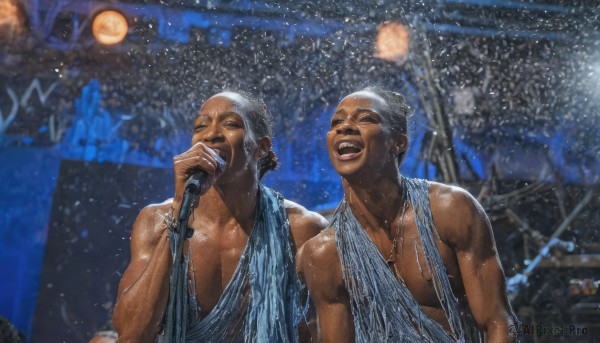 smile,short hair,open mouth,dress,holding,bare shoulders,jewelry,closed eyes,upper body,white hair,grey hair,male focus,earrings,outdoors,multiple boys,teeth,dark skin,2boys,necklace,blurry,bracelet,muscular,night,siblings,dark-skinned male,pectorals,microphone,snow,snowing,realistic,music,laughing,holding microphone,singing,old,microphone stand,photo background,cosplay,facial hair,parody,bald,manly,crowd,real life insert