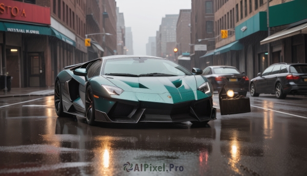 outdoors,no humans,ground vehicle,building,scenery,motor vehicle,reflection,rain,city,sign,car,road,vehicle focus,lamppost,street,skyscraper,traffic light,sports car