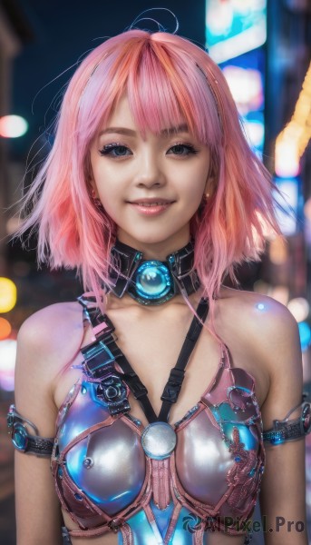 1girl,solo,breasts,looking at viewer,smile,short hair,bangs,bare shoulders,jewelry,medium breasts,upper body,pink hair,earrings,blurry,black eyes,lips,makeup,blurry background,realistic,blue eyes,collarbone,multicolored hair,small breasts,parted lips,teeth,artist name,armor,eyelashes,depth of field,watermark,gem,armlet,science fiction,strap,bokeh,cyberpunk