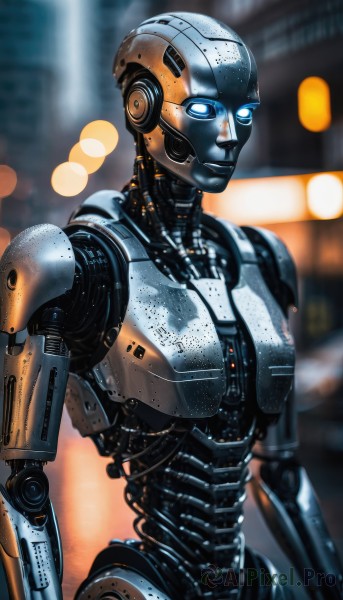 1girl,solo,looking at viewer,blue eyes,1boy,upper body,blurry,no humans,blurry background,glowing,robot,mecha,glowing eyes,science fiction,city,realistic,android,joints,cyborg,robot joints,power armor,lights,cyberpunk,humanoid robot