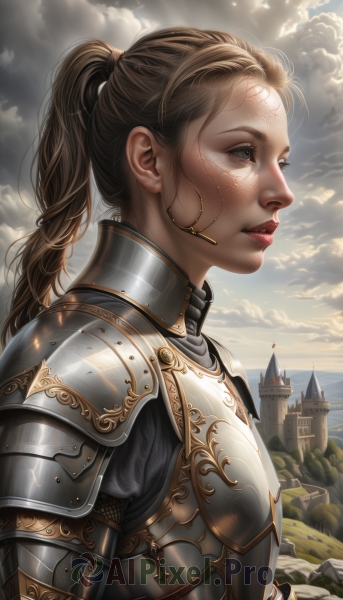 1girl,solo,long hair,blue eyes,brown hair,jewelry,upper body,ponytail,earrings,outdoors,parted lips,sky,day,cloud,signature,armor,from side,lips,grey eyes,profile,scar,facial mark,cloudy sky,shoulder armor,freckles,pauldrons,breastplate,realistic,nose,red lips,castle,knight,chainmail,plate armor,teeth,sunlight,rock