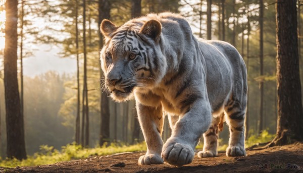 solo,full body,outdoors,day,signature,blurry,tree,no humans,blurry background,animal,sunlight,nature,forest,realistic,chinese zodiac,animal focus,tiger,year of the tiger,looking at viewer,standing