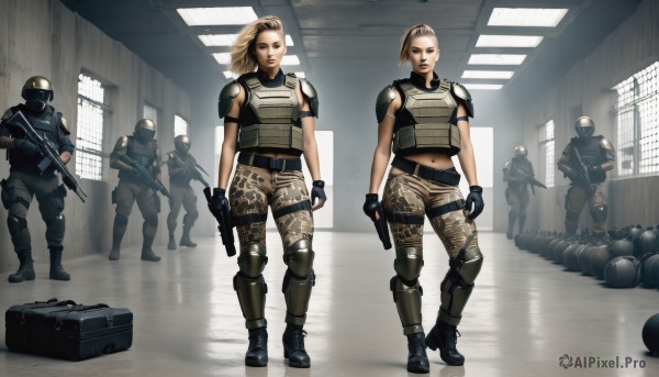 short hair,multiple girls,blonde hair,gloves,navel,holding,2girls,standing,ponytail,weapon,boots,multiple boys,midriff,belt,pants,fingerless gloves,bag,holding weapon,armor,uniform,gun,military,military uniform,helmet,holding gun,rifle,handgun,realistic,assault rifle,holster,knee pads,shoulder pads,camouflage,submachine gun,shotgun,soldier,load bearing vest,combat boots,bulletproof vest,camouflage pants,body armor,1girl,indoors,trigger discipline,elbow pads,hallway