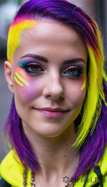 1girl,solo,long hair,looking at viewer,smile,blonde hair,brown eyes,jewelry,closed mouth,jacket,yellow eyes,purple hair,multicolored hair,hood,necklace,mole,blurry,two-tone hair,lips,eyelashes,gradient hair,makeup,facial mark,lipstick,portrait,forehead,eyeshadow,freckles,asymmetrical hair,realistic,nose,eyeliner,purple lips,mascara,purple eyeshadow,pink hair,artist name,blurry background,blue eyeshadow,rainbow hair