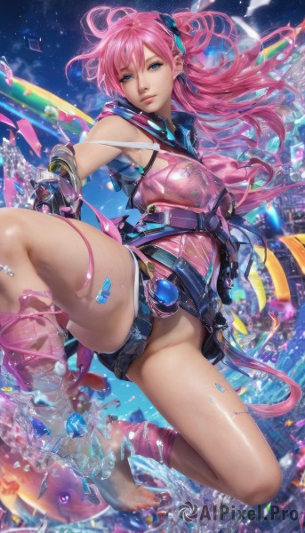 1girl,solo,long hair,breasts,looking at viewer,blue eyes,hair ornament,bare shoulders,jewelry,pink hair,earrings,sky,shorts,barefoot,belt,spread legs,feet,leotard,lips,short shorts,no panties,toes,floating hair,crystal,city,realistic,partially visible vulva,gloves,weapon,thighs,shiny,water,armor,shiny skin,night,star (sky),science fiction