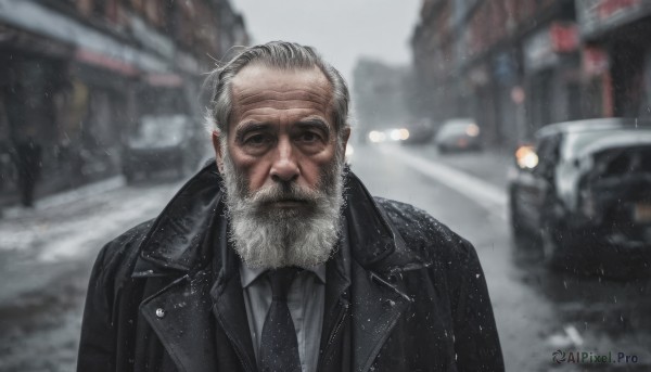 solo,looking at viewer,shirt,1boy,closed mouth,jacket,white shirt,upper body,white hair,grey hair,male focus,outdoors,necktie,collared shirt,blurry,coat,black jacket,depth of field,blurry background,facial hair,formal,suit,ground vehicle,building,black necktie,motor vehicle,beard,snow,snowing,realistic,mustache,car,manly,old,old man,open clothes,day,black eyes,scar,expressionless,thick eyebrows,rain,road,grey sky