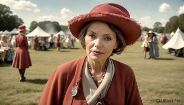 HQ,1girl,looking at viewer,smile,short hair,multiple girls,brown hair,black hair,hat,brown eyes,jewelry,standing,upper body,outdoors,parted lips,japanese clothes,multiple boys,sky,solo focus,day,cloud,necklace,blurry,tree,blue sky,lips,depth of field,blurry background,red headwear,6+boys,realistic,straw hat,old,crowd,old woman,dress,makeup,6+girls,red dress,cloudy sky,lipstick,horse