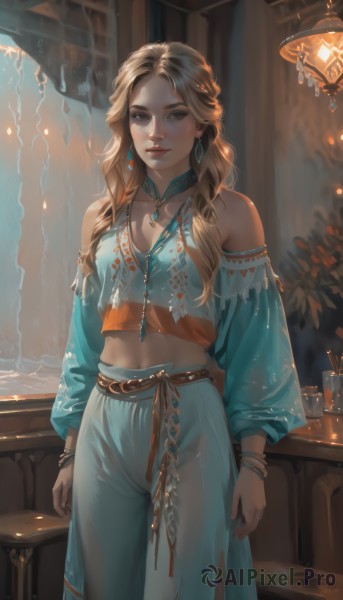 1girl,solo,long hair,breasts,looking at viewer,smile,skirt,blonde hair,brown hair,shirt,long sleeves,navel,bare shoulders,brown eyes,jewelry,closed mouth,standing,braid,cowboy shot,earrings,parted lips,detached sleeves,choker,midriff,puffy sleeves,pants,indoors,water,necklace,off shoulder,bracelet,cup,lips,crop top,see-through,table,blue shirt,plant,hair over shoulder,puffy long sleeves,freckles,realistic,nose,arms at sides,off-shoulder shirt,bangle,lamp,arabian clothes,cleavage,medium breasts,belt,parted bangs