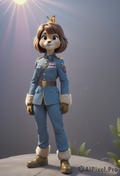 1girl,solo,looking at viewer,smile,short hair,bangs,brown hair,gloves,long sleeves,animal ears,brown eyes,closed mouth,standing,jacket,full body,boots,outdoors,belt,pants,artist name,signature,grey background,uniform,fur trim,military,military uniform,:3,brown footwear,bug,plant,blue jacket,butterfly,dog ears,furry,brown gloves,clenched hands,backlighting,pocket,furry female,sun,blue pants,brown belt,animal nose,fur-trimmed boots,medal,buttons,moon,grass,epaulettes,dog tail,arms at sides,dog girl,body fur,leather,military jacket,brown fur