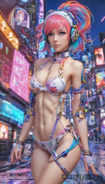 1girl,solo,breasts,looking at viewer,smile,short hair,bangs,blue eyes,navel,cleavage,bare shoulders,jewelry,medium breasts,blue hair,standing,swimsuit,ponytail,pink hair,bikini,multicolored hair,cowboy shot,outdoors,nail polish,collar,bracelet,two-tone hair,lips,detached collar,night,headphones,white bikini,piercing,abs,ring,building,science fiction,city,realistic,android,cable,navel piercing,cyberpunk,gloves,closed mouth,thighs,artist name,fingerless gloves,stomach,watermark,animal print,pink lips,road,cityscape,street,skyscraper,city lights,neon lights,hologram