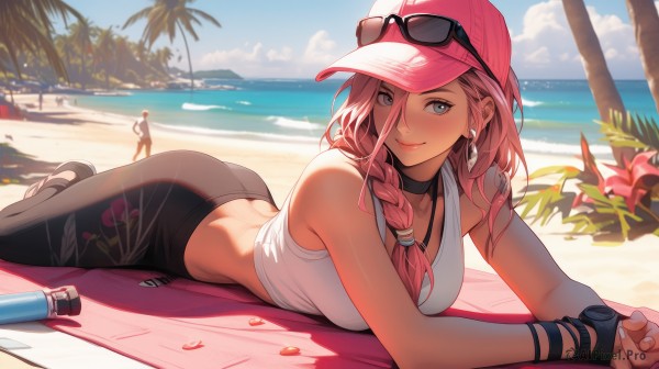 1girl,long hair,breasts,looking at viewer,blush,smile,bangs,blue eyes,multiple girls,large breasts,shirt,gloves,hat,hair between eyes,bare shoulders,jewelry,medium breasts,closed mouth,white shirt,pink hair,ass,braid,flower,earrings,outdoors,lying,sky,shoes,sleeveless,solo focus,choker,day,midriff,pants,cloud,fingerless gloves,water,tree,blue sky,lips,crop top,petals,ocean,black choker,beach,black pants,floral print,sunglasses,tank top,bottle,on stomach,towel,sneakers,hair over shoulder,baseball cap,eyewear on head,sand,palm tree,pink headwear,yoga pants,mat,fingernails,grey eyes,single braid,sandals,sunlight,red headwear,horizon,white tank top,beach towel