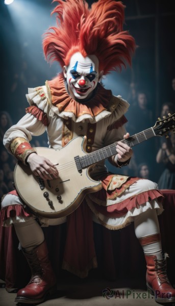 solo,long hair,smile,open mouth,1boy,dress,holding,sitting,full body,male focus,red hair,boots,frills,teeth,blurry,makeup,mask,blurry background,colored skin,lipstick,red footwear,instrument,music,guitar,red lips,facepaint,playing instrument,holding instrument,electric guitar,stage,spotlight,stage lights,afro,clown,looking at viewer,blue eyes,long sleeves,solo focus,socks,striped,grin,evil smile,evil grin