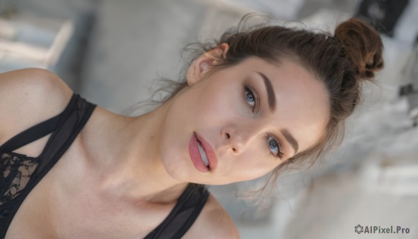 1girl,solo,breasts,looking at viewer,smile,blue eyes,brown hair,bare shoulders,collarbone,upper body,parted lips,teeth,hair bun,mole,blurry,lips,head tilt,blurry background,single hair bun,tank top,portrait,realistic,open mouth,artist name,indoors,dutch angle,eyelashes,depth of field,traditional media,freckles,nose