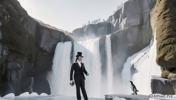 1girl,solo,long hair,brown hair,shirt,gloves,1boy,hat,holding,standing,jacket,white shirt,ponytail,male focus,outdoors,pants,white gloves,water,black headwear,bird,animal,black pants,formal,suit,scenery,snow,top hat,penguin,cane,waterfall,fog,cliff,short hair,blonde hair,long sleeves,cat,walking,black suit