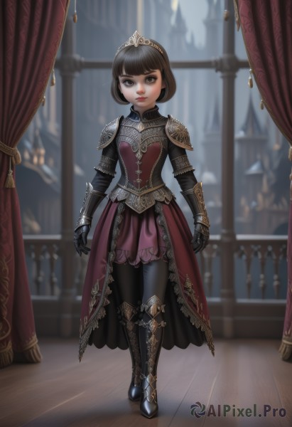 1girl,solo,looking at viewer,short hair,bangs,skirt,black hair,gloves,dress,brown eyes,closed mouth,standing,full body,pantyhose,boots,indoors,blunt bangs,armor,blurry,black eyes,lips,window,makeup,blurry background,bob cut,knee boots,tiara,lipstick,curtains,shoulder armor,gauntlets,walking,pauldrons,gold trim,breastplate,armored dress,red lips,brown hair,thighhighs,red dress,armored boots,greaves,black armor