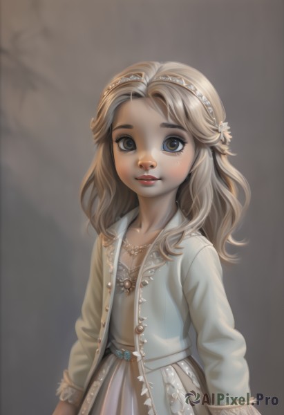 1girl,solo,long hair,looking at viewer,smile,blonde hair,brown hair,hair ornament,long sleeves,dress,brown eyes,jewelry,upper body,flower,hairband,parted lips,hair flower,necklace,lips,child,freckles,realistic,female child,simple background,makeup,lipstick,red lips