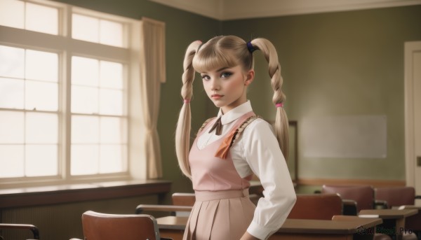 1girl,solo,long hair,looking at viewer,bangs,skirt,blonde hair,brown hair,shirt,long sleeves,dress,ribbon,twintails,brown eyes,school uniform,standing,white shirt,braid,collared shirt,indoors,blurry,apron,twin braids,lips,window,black ribbon,neck ribbon,blurry background,chair,pink dress,desk,classroom,pinafore dress,school desk,chalkboard,blue eyes,closed mouth,pleated skirt,parted lips,blunt bangs,vest,sunlight,hair tie,school chair