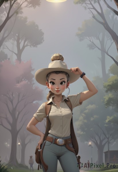 1girl,solo,long hair,breasts,looking at viewer,blush,brown hair,shirt,hat,brown eyes,jewelry,medium breasts,standing,collarbone,white shirt,ponytail,short sleeves,cowboy shot,earrings,outdoors,parted lips,teeth,solo focus,collared shirt,belt,pants,hair bun,vest,bracelet,tree,lips,hand on hip,dress shirt,buttons,single hair bun,grass,denim,buckle,contrapposto,pocket,watch,pouch,jeans,hoop earrings,lantern,belt buckle,hand on headwear,blue pants,breast pocket,holster,lamppost,cowboy hat,brown vest,smile,weapon,bag,gun,nature,backlighting,freckles,silhouette,red lips,wristwatch,cowboy western