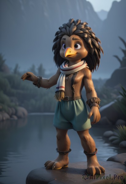 solo,smile,brown hair,black hair,1boy,brown eyes,jewelry,closed mouth,standing,full body,male focus,outdoors,shorts,barefoot,belt,artist name,water,necklace,blurry,black eyes,bracelet,blurry background,bird,feathers,furry,topless male,rock,anklet,furry male,male child,green shorts,river,tribal,1girl,long hair,breasts,animal ears,jacket,tail,hand up,signature,scarf,night,watermark,grass,claws,brown jacket,furry female,facepaint,looking afar,animal nose,snout,lake,brown fur,beak,dreadlocks