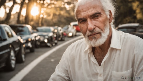 solo,looking at viewer,shirt,1boy,closed mouth,white shirt,upper body,white hair,male focus,outdoors,collared shirt,blurry,dress shirt,depth of field,blurry background,facial hair,scar,thick eyebrows,ground vehicle,motor vehicle,beard,realistic,mustache,car,road,manly,old,old man,photo background,wrinkled skin,lips,grey eyes,scar on face,scar across eye,chest hair,bokeh,real life insert