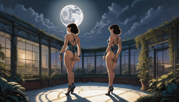 breasts,looking at viewer,short hair,multiple girls,brown hair,black hair,2girls,bare shoulders,jewelry,medium breasts,standing,full body,closed eyes,ass,thighs,outdoors,sky,shoes,cloud,indoors,from behind,black footwear,high heels,bracelet,leotard,lips,window,night,shadow,back,highleg,moon,cloudy sky,plant,building,star (sky),night sky,full moon,highleg leotard,starry sky,reflection,kneepits,potted plant,thong leotard,moonlight,1girl,smile,bangs,closed mouth,swimsuit,legs,one-piece swimsuit,profile,makeup,halterneck,looking away,lipstick,backlighting,blue one-piece swimsuit,arms at sides,black one-piece swimsuit,highleg swimsuit,looking afar