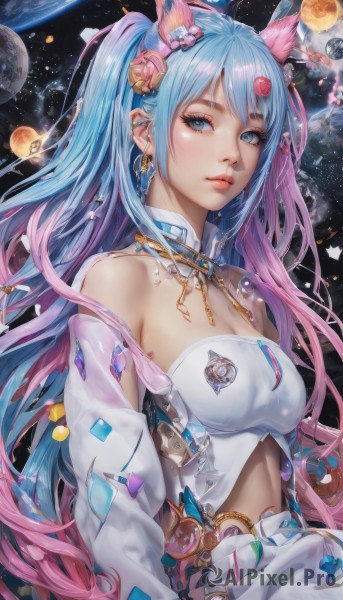 1girl,solo,long hair,breasts,looking at viewer,blush,bangs,blue eyes,hair ornament,long sleeves,navel,animal ears,cleavage,bare shoulders,jewelry,medium breasts,very long hair,blue hair,upper body,pink hair,multicolored hair,earrings,parted lips,detached sleeves,midriff,cat ears,two-tone hair,two side up,lips,strapless,gradient hair,makeup,detached collar,piercing,gem,ear piercing,nose,space,planet,earth (planet),mascara,twintails,closed mouth,eyelashes,bell,science fiction,hair bell,realistic