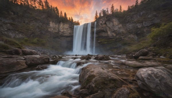 A graceful view of a waterfall in sunset outdoors