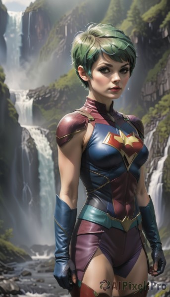 1girl,solo,breasts,looking at viewer,short hair,thighhighs,gloves,brown eyes,medium breasts,green eyes,standing,cowboy shot,parted lips,green hair,shorts,fingerless gloves,water,armor,lips,wet,shoulder armor,superhero,waterfall,elbow gloves,realistic,shoulder pads