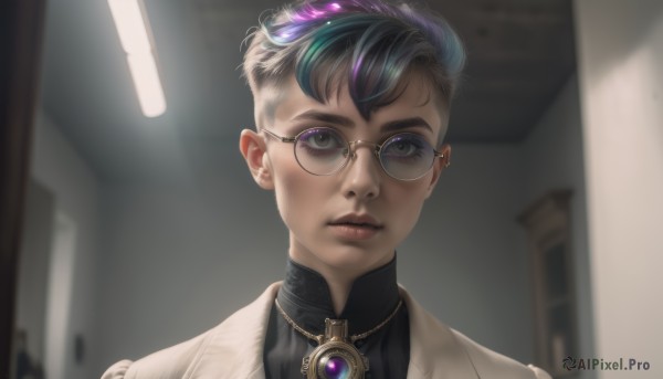 1girl,solo,looking at viewer,short hair,shirt,black hair,brown eyes,jewelry,closed mouth,purple hair,male focus,multicolored hair,earrings,glasses,indoors,necklace,blurry,two-tone hair,lips,streaked hair,black shirt,blurry background,piercing,brooch,portrait,androgynous,realistic,nose,round eyewear,door,undercut,bangs,jacket,parted lips,black eyes,very short hair,yellow-framed eyewear