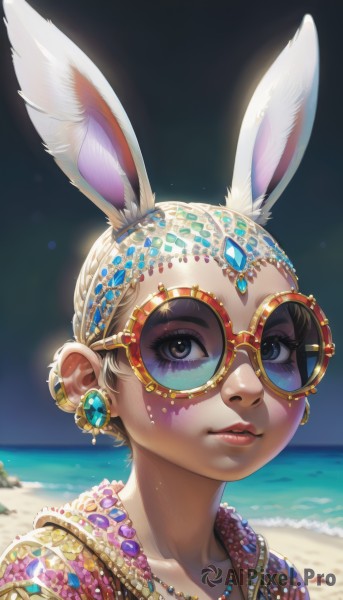 1girl,solo,looking at viewer,short hair,blonde hair,animal ears,brown eyes,jewelry,closed mouth,collarbone,upper body,braid,earrings,outdoors,sky,glasses,day,artist name,water,necklace,rabbit ears,blurry,lips,looking to the side,eyelashes,makeup,depth of field,blurry background,ocean,facial mark,looking away,beach,sunglasses,lipstick,gem,portrait,extra ears,eyeshadow,nose,round eyewear,sand,red lips,eyeliner,looking afar,gold,blue gemstone,mascara,yellow-framed eyewear,blue eyes,piercing,furry,rabbit girl