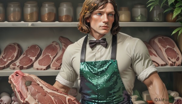 solo,short hair,blue eyes,brown hair,shirt,hair ornament,1boy,bow,holding,closed mouth,white shirt,upper body,short sleeves,male focus,food,collared shirt,indoors,bowtie,apron,looking to the side,black bow,muscular,plant,sleeves rolled up,freckles,veins,black bowtie,realistic,meat,teeth,hairclip,bottle,star hair ornament,jar