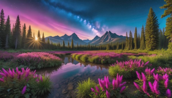 The majestic beauty of a landscape set within a calm sunset outdoors