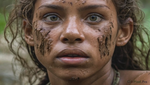 1girl,solo,long hair,looking at viewer,open mouth,brown hair,brown eyes,braid,parted lips,teeth,dark skin,necklace,blurry,dark-skinned female,lips,blurry background,portrait,close-up,realistic,dirty,dirty face,black hair,jewelry,choker,eyelashes,messy hair,cracked skin