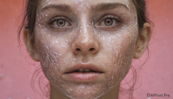 1girl,solo,looking at viewer,brown hair,1boy,brown eyes,male focus,parted lips,teeth,water,lips,wet,pink background,portrait,close-up,reflection,realistic,nose,wet hair,blurry,eyelashes,straight-on