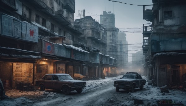 outdoors,sky,day,no humans,window,ground vehicle,building,scenery,motor vehicle,snow,snowing,city,sign,car,road,cityscape,ruins,winter,vehicle focus,power lines,street,utility pole,road sign,grey sky,air conditioner,truck,drum (container),lamppost