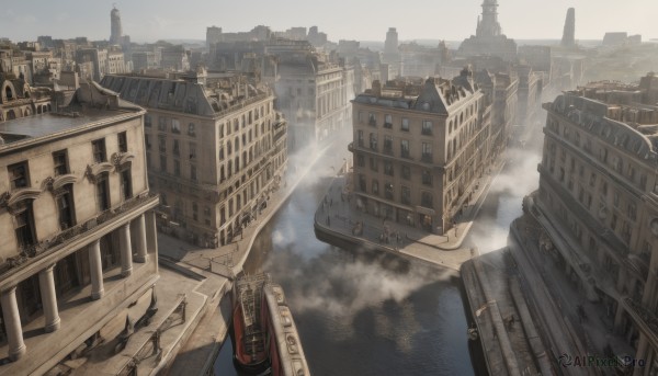 outdoors,sky,cloud,water,no humans,bird,from above,building,scenery,smoke,stairs,city,railing,cityscape,watercraft,bridge,river,tower,boat,smokestack,fog,dock,signature,ship