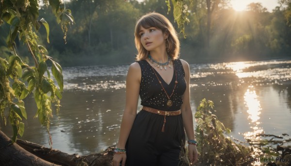 1girl,solo,breasts,short hair,bangs,brown hair,shirt,cleavage,bare shoulders,brown eyes,jewelry,medium breasts,standing,cowboy shot,earrings,outdoors,parted lips,sleeveless,day,belt,pants,medium hair,water,necklace,bracelet,tree,lips,looking to the side,bare arms,leaf,looking away,black pants,sunlight,looking up,plant,nature,scenery,forest,backlighting,reflection,beads,light rays,realistic,nose,arms at sides,looking afar,sunbeam,dappled sunlight,river,pearl necklace,lake,dress,shorts,black dress,sleeveless dress,branch,boat