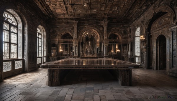 day,indoors,no humans,window,sunlight,scenery,stairs,door,railing,light,architecture,pillar,hallway,church,arch,chandelier,column,table,fire,light rays,wooden floor,fantasy,candle,tile floor,candlestand