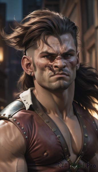 solo,long hair,looking at viewer,brown hair,shirt,black hair,1boy,brown eyes,jewelry,closed mouth,collarbone,upper body,male focus,earrings,outdoors,armor,blurry,black eyes,covered nipples,blood,muscular,blurry background,facial hair,scar,piercing,pectorals,muscular male,shoulder armor,beard,scar on face,veins,serious,realistic,mustache,stud earrings,manly,pectoral cleavage,sleeveless