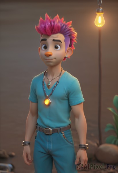 solo,looking at viewer,smile,short hair,shirt,1boy,brown eyes,jewelry,closed mouth,standing,pink hair,purple hair,short sleeves,male focus,red hair,multicolored hair,cowboy shot,earrings,belt,pants,necklace,blurry,bracelet,two-tone hair,blurry background,piercing,blue shirt,plant,denim,spiked hair,t-shirt,ear piercing,pendant,black belt,jeans,arms at sides,blue pants,lamp,male child,artist name,lantern,mohawk