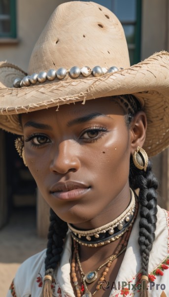 1girl,solo,long hair,looking at viewer,smile,black hair,hat,brown eyes,jewelry,upper body,braid,earrings,parted lips,teeth,choker,dark skin,necklace,mole,blurry,twin braids,dark-skinned female,lips,eyelashes,mole under eye,depth of field,blurry background,portrait,freckles,beads,hoop earrings,realistic,nose,brown headwear,straw hat,pearl necklace,mole on cheek,shirt,white shirt,gem,bead necklace,multiple braids