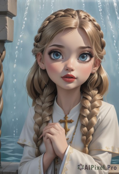 1girl,solo,long hair,looking at viewer,blush,blue eyes,blonde hair,long sleeves,dress,jewelry,upper body,braid,parted lips,artist name,wide sleeves,water,necklace,white dress,twin braids,lips,eyelashes,makeup,watermark,own hands together,cross,hair over shoulder,freckles,nose,red lips,own hands clasped,cross necklace,praying,bangs,parted bangs,rope,forehead,realistic,nun,mascara,latin cross