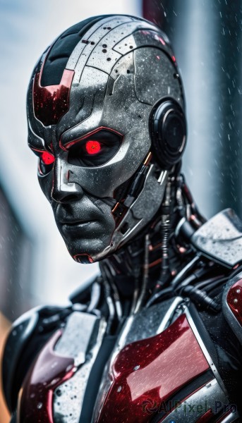 solo,looking at viewer,red eyes,1boy,upper body,male focus,blurry,blurry background,glowing,helmet,robot,portrait,glowing eyes,colored sclera,science fiction,rain,black sclera,cyborg,armor,realistic,android,superhero,power armor