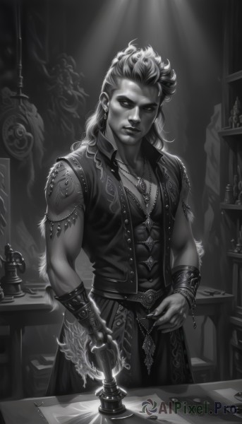 solo,long hair,looking at viewer,1boy,jewelry,closed mouth,standing,monochrome,weapon,greyscale,male focus,cowboy shot,earrings,open clothes,sleeveless,sword,artist name,indoors,signature,necklace,vest,bracelet,tattoo,muscular,piercing,abs,table,paper,realistic,bracer,arm tattoo,coin,inkwell,watermark,scar,web address,armlet,lamp,ink