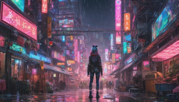 1girl, animal ears, standing, jacket, tail, boots, outdoors, from behind, night, umbrella, building, scenery, science fiction, rain, city, sign, facing away, road, street, city lights, cyberpunk, neon lights