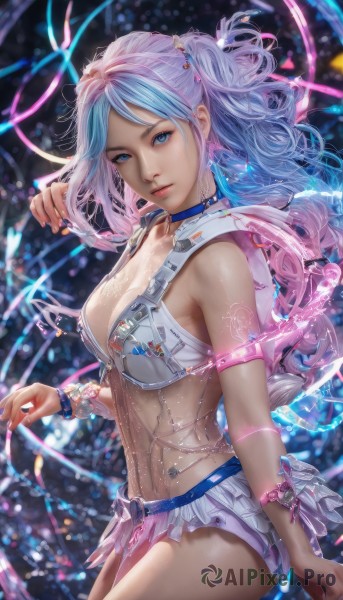 1girl,solo,long hair,breasts,looking at viewer,bangs,blue eyes,skirt,large breasts,hair ornament,cleavage,jewelry,medium breasts,blue hair,ponytail,pink hair,multicolored hair,cowboy shot,earrings,parted lips,choker,miniskirt,nail polish,blurry,bracelet,from side,two-tone hair,lips,see-through,parted bangs,tattoo,gradient hair,wavy hair,armlet,blue nails,realistic,navel,underwear,swimsuit,bikini,midriff,belt,artist name,signature,bra,watermark,piercing,pink nails,microskirt