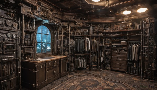 sky,day,cloud,indoors,book,no humans,window,chair,table,scenery,wooden floor,stairs,door,clock,bookshelf,lamp,gears,carpet,globe,steampunk,telescope,bottle,desk,fantasy,candle,shelf,ceiling,drawer,candlestand,rug,cabinet,chandelier,treasure chest,loaded interior