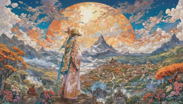 1girl,solo,black hair,long sleeves,hat,standing,flower,outdoors,sky,day,cloud,wide sleeves,tree,blue sky,profile,bird,animal,leaf,chinese clothes,moon,cloudy sky,building,nature,scenery,full moon,pink flower,smoke,robe,mountain,brown headwear,autumn leaves,architecture,wide shot,east asian architecture,mountainous horizon,pagoda,long hair,brown hair,dress,hair bun,from behind,single hair bun,fantasy,landscape