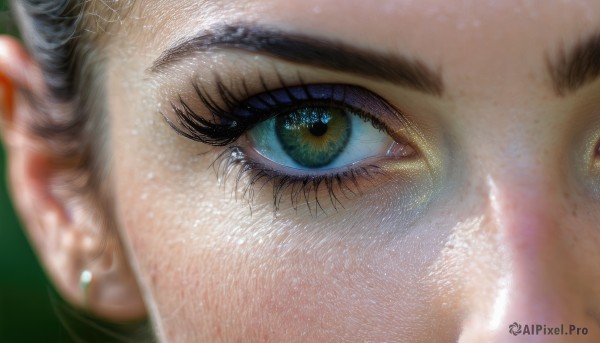 1girl,solo,looking at viewer,blue eyes,black hair,1boy,jewelry,green eyes,male focus,earrings,blurry,lips,eyelashes,depth of field,close-up,freckles,reflection,realistic,eye focus