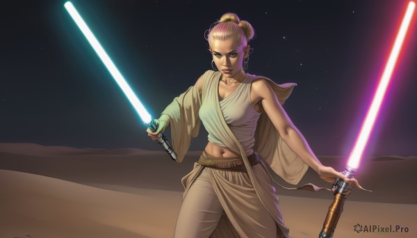 1girl,solo,breasts,looking at viewer,brown hair,navel,holding,cleavage,brown eyes,jewelry,medium breasts,weapon,earrings,midriff,pants,sword,hair bun,lips,cosplay,parody,single hair bun,tank top,science fiction,robe,energy sword,desert,laser,lightsaber,blonde hair,cape,realistic,sand,space,animification